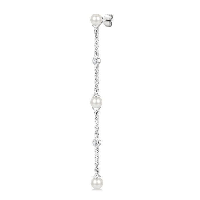 3 MM Round Shape Cultured Pearl and 1/20 Ctw Round Cut Diamond Station Long Earrings in 14K White Gold