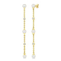3 MM Round Shape Cultured Pearl and 1/20 Ctw Round Cut Diamond Station Long Earrings in 14K Yellow Gold