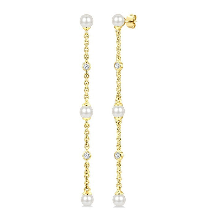 3 MM Round Shape Cultured Pearl and 1/20 Ctw Round Cut Diamond Station Long Earrings in 14K Yellow Gold