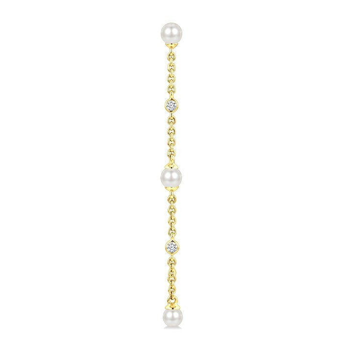 3 MM Round Shape Cultured Pearl and 1/20 Ctw Round Cut Diamond Station Long Earrings in 14K Yellow Gold