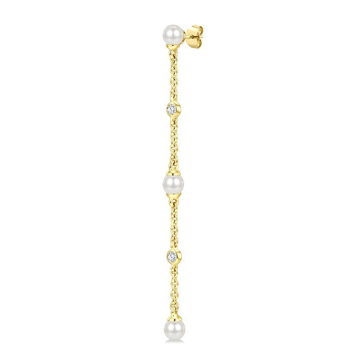 3 MM Round Shape Cultured Pearl and 1/20 Ctw Round Cut Diamond Station Long Earrings in 14K Yellow Gold