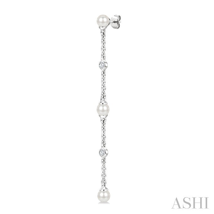 3 MM Round Shape Cultured Pearl and 1/20 Ctw Round Cut Diamond Station Long Earrings in 14K White Gold