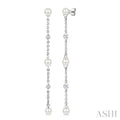 3 MM Round Shape Cultured Pearl and 1/20 Ctw Round Cut Diamond Station Long Earrings in 14K White Gold