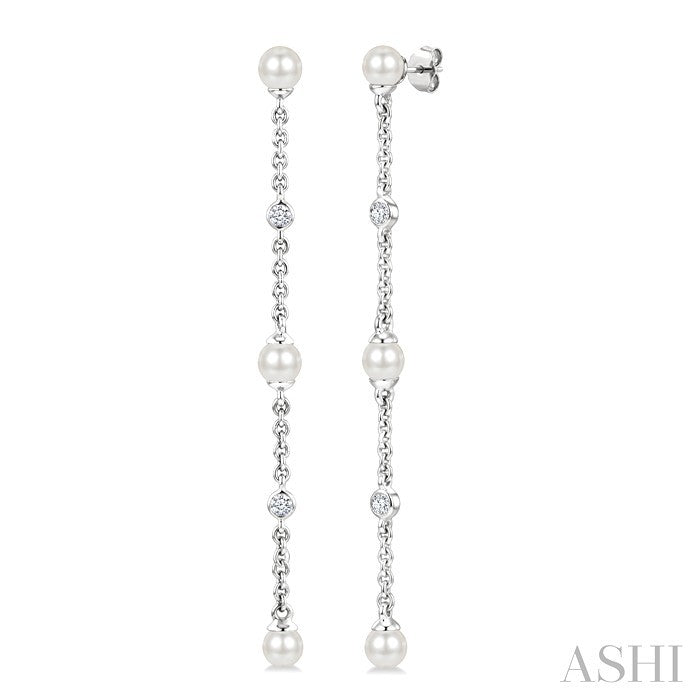 3 MM Round Shape Cultured Pearl and 1/20 Ctw Round Cut Diamond Station Long Earrings in 14K White Gold