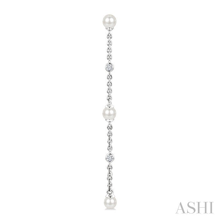 3 MM Round Shape Cultured Pearl and 1/20 Ctw Round Cut Diamond Station Long Earrings in 14K White Gold