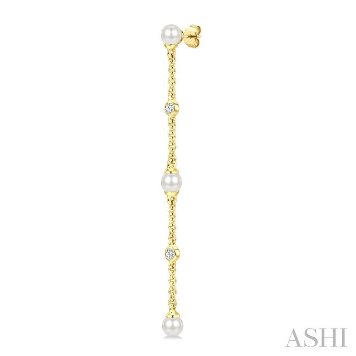 3 MM Round Shape Cultured Pearl and 1/20 Ctw Round Cut Diamond Station Long Earrings in 14K Yellow Gold