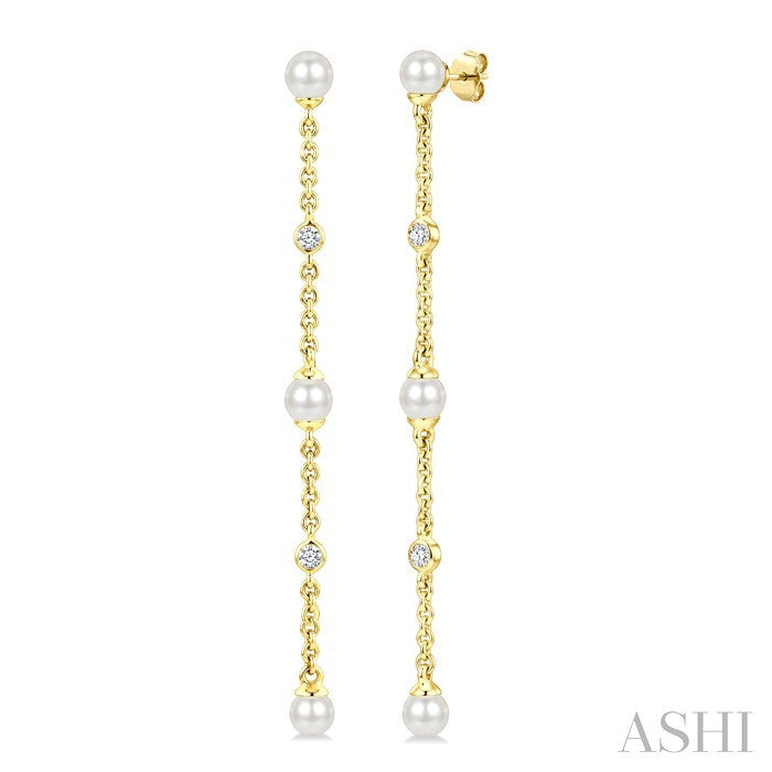 3 MM Round Shape Cultured Pearl and 1/20 Ctw Round Cut Diamond Station Long Earrings in 14K Yellow Gold