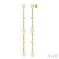 3 MM Round Shape Cultured Pearl and 1/20 Ctw Round Cut Diamond Station Long Earrings in 14K Yellow Gold