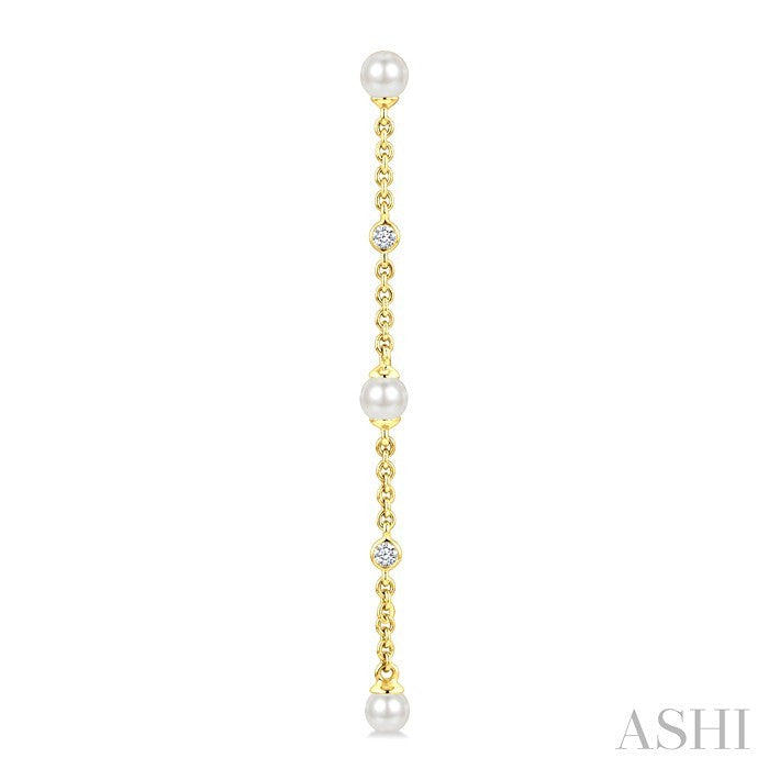 3 MM Round Shape Cultured Pearl and 1/20 Ctw Round Cut Diamond Station Long Earrings in 14K Yellow Gold