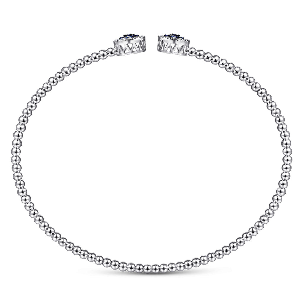 14K White Gold Bujukan Bead Cuff Bracelet with Sapphire and Diamond Halo Caps