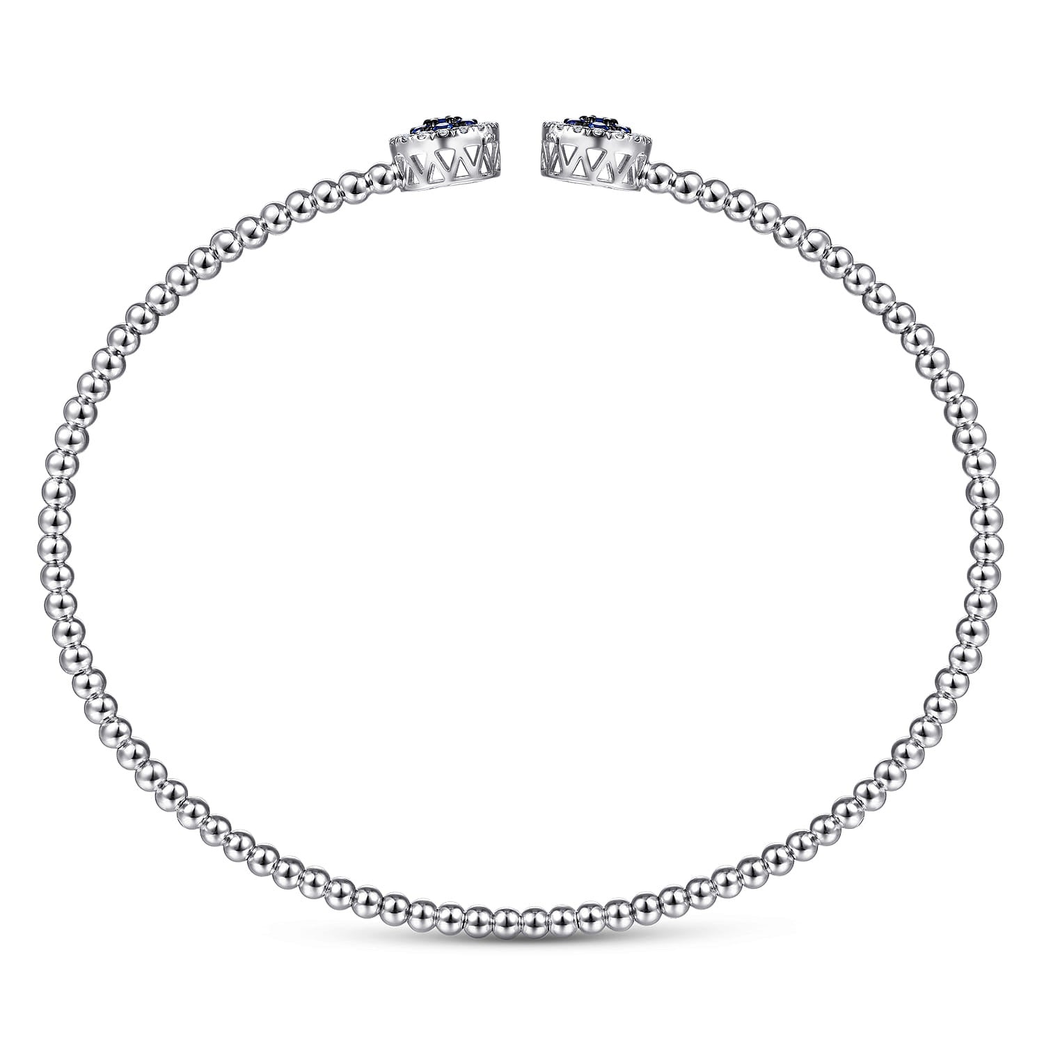 14K White Gold Bujukan Bead Cuff Bracelet with Sapphire and Diamond Halo Caps