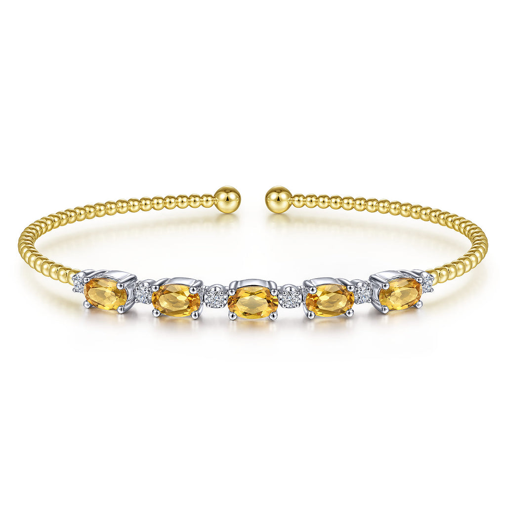 14K White-Yellow Gold Bujukan Bead Cuff Bracelet with Citrine and Diamond Stations