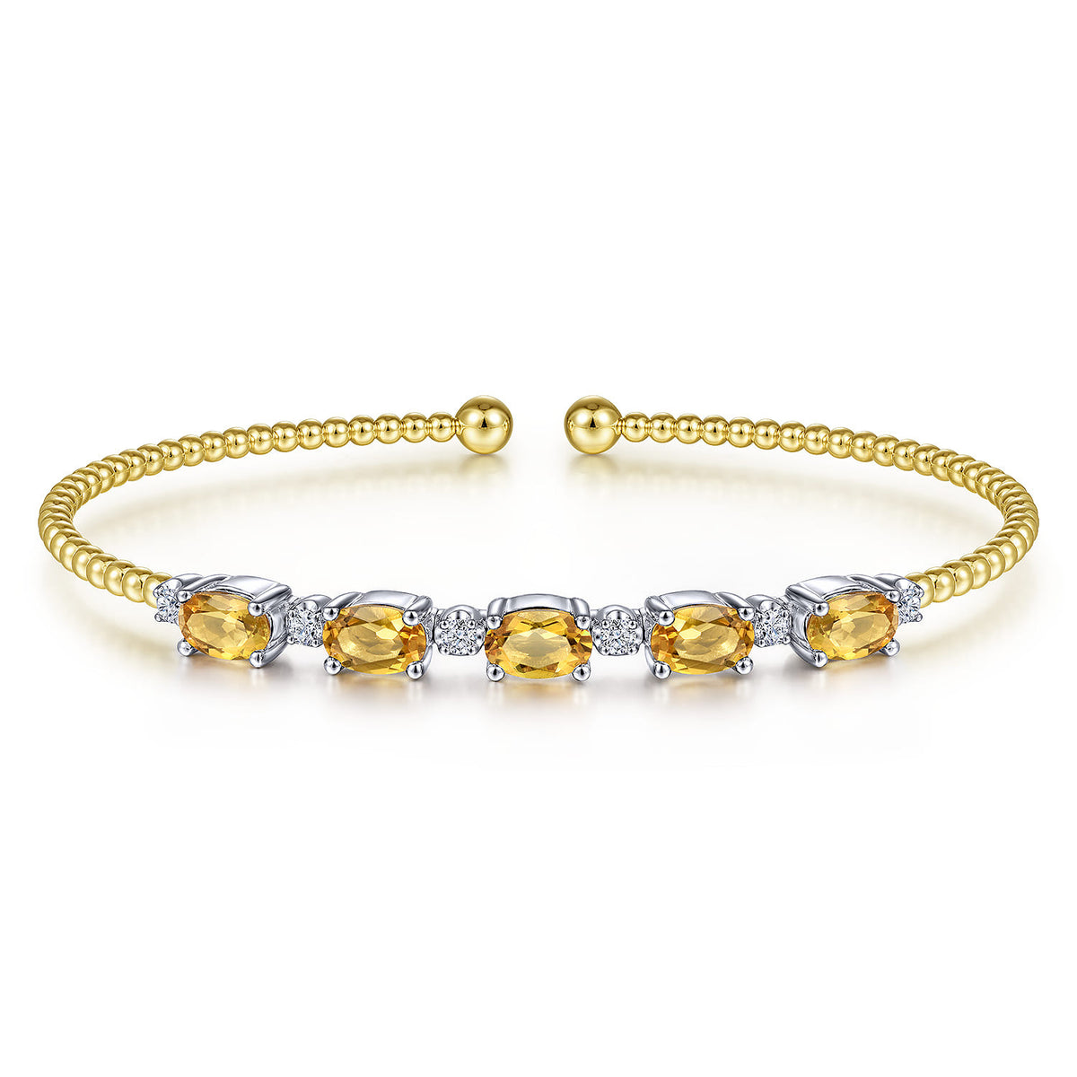 14K White-Yellow Gold Bujukan Bead Cuff Bracelet with Citrine and Diamond Stations