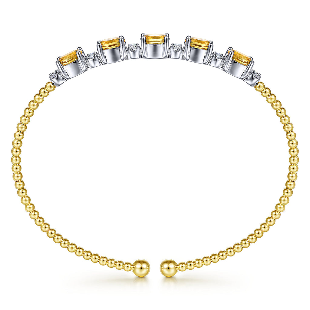 14K White-Yellow Gold Bujukan Bead Cuff Bracelet with Citrine and Diamond Stations
