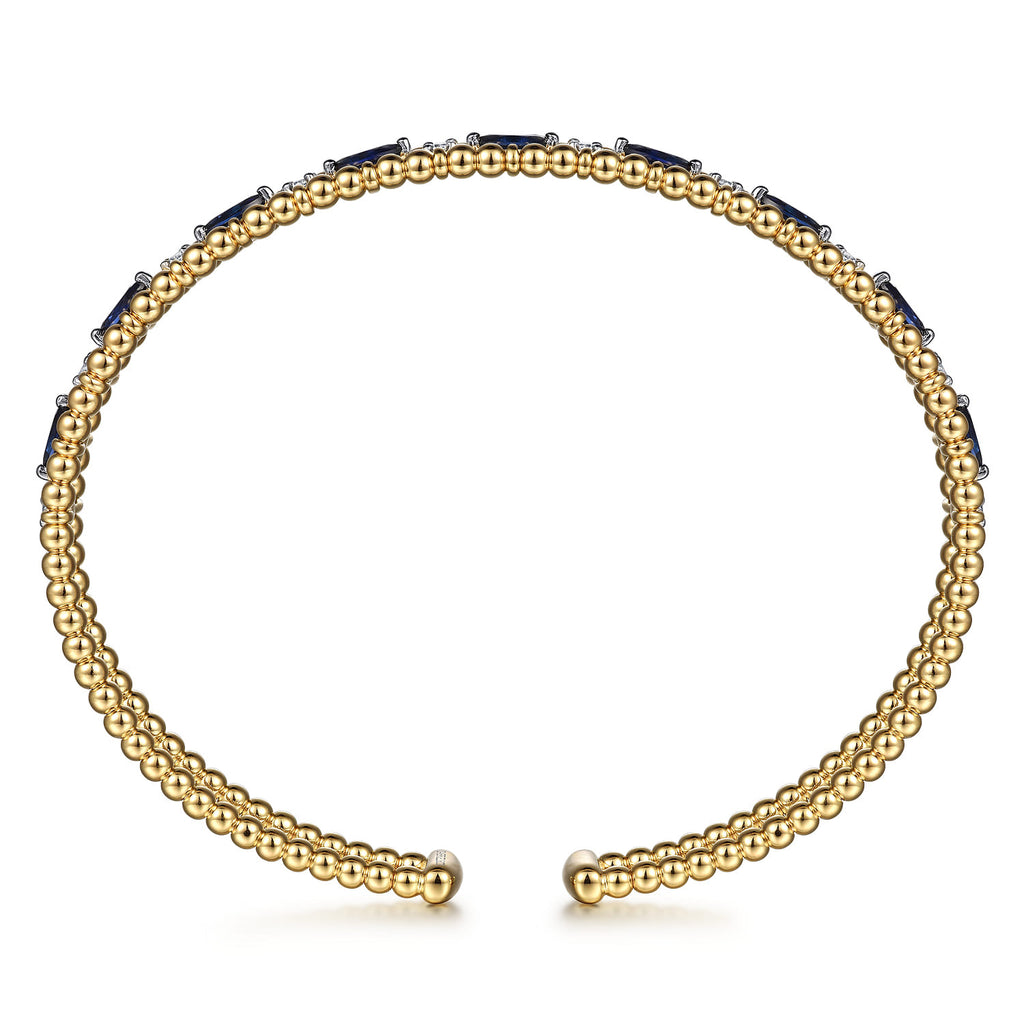 14K Yellow Gold Bujukan Cuff Bracelet with Marquise Sapphire and Round Diamonds