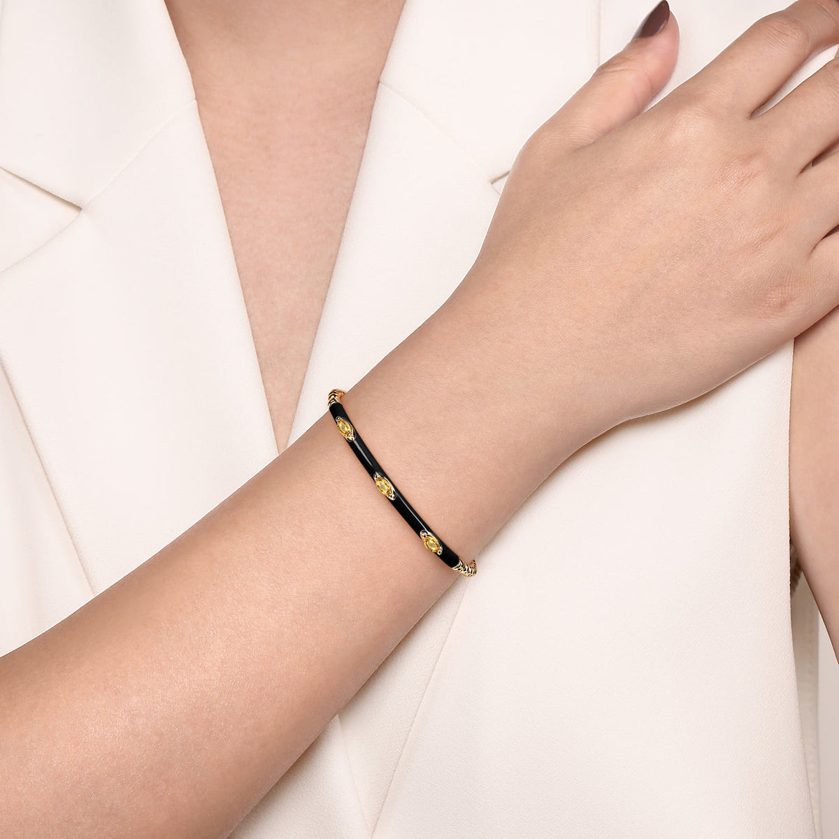 Enamel - 14K Yellow Gold Bujukan Citrine Split Bangle with Black Enamel