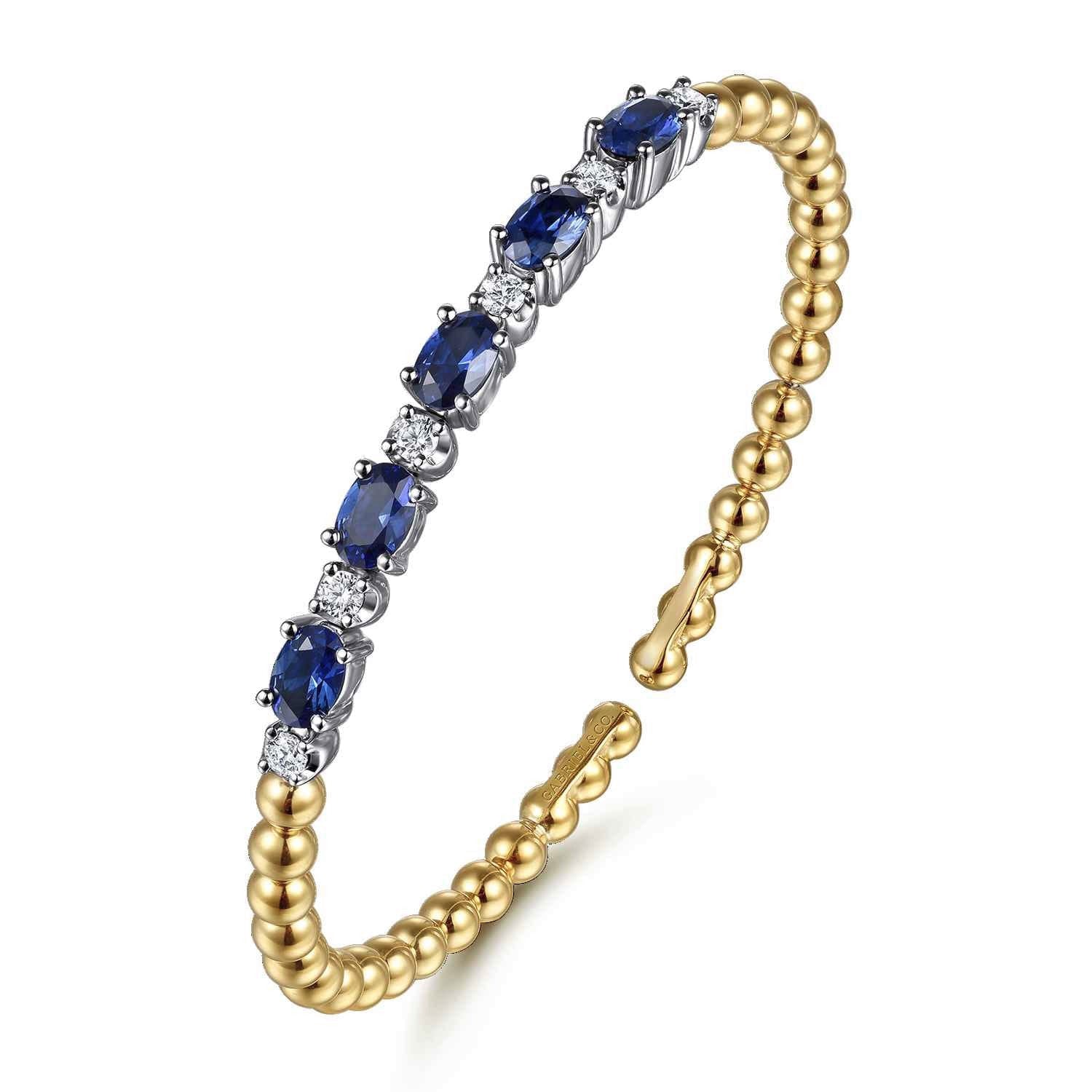 14K White Yellow Gold Bujukan Diamond and Sapphire Split Bangle Bracelet