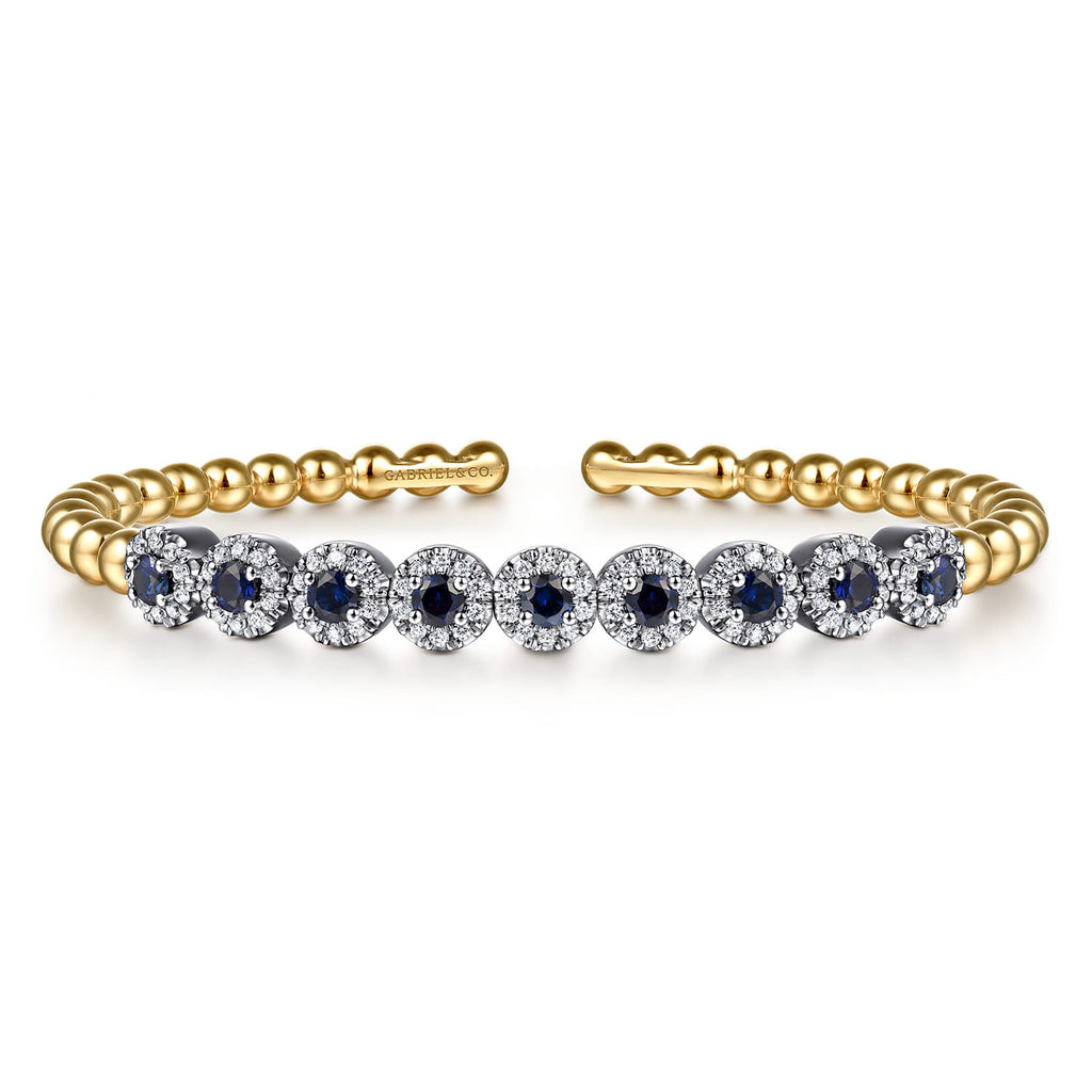 14K White Yellow Gold Bujukan Diamond and Sapphire Split Bangle Bracelet