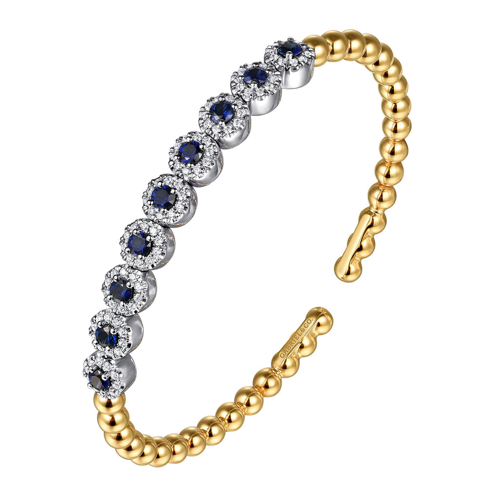 14K White Yellow Gold Bujukan Diamond and Sapphire Split Bangle Bracelet