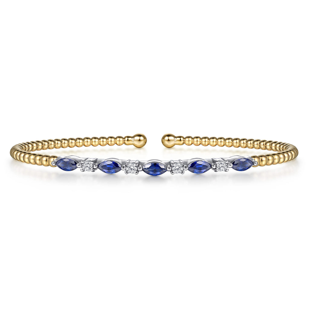14K White Yellow Gold Bujukan Diamond and Marquise Blue Sapphire Split Bangle Bracelet