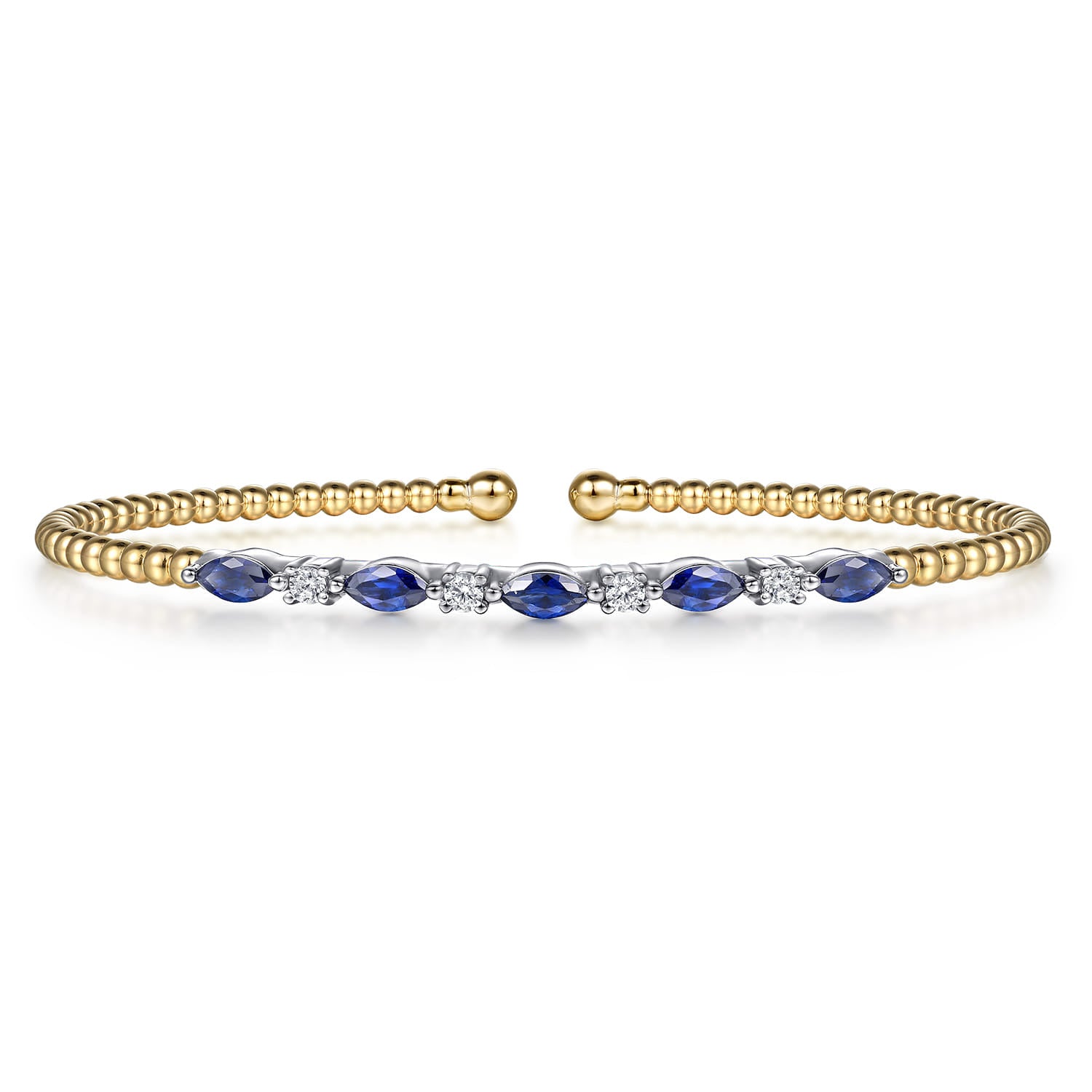 14K White Yellow Gold Bujukan Diamond and Marquise Blue Sapphire Split Bangle Bracelet