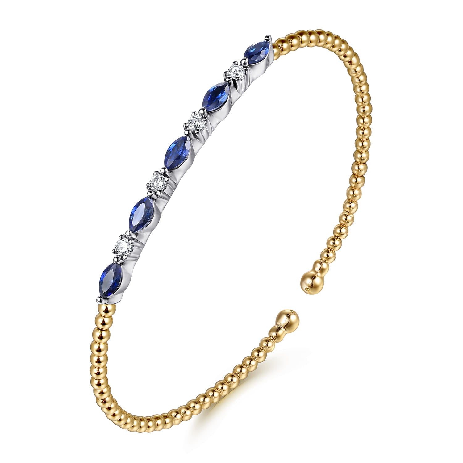 14K White Yellow Gold Bujukan Diamond and Marquise Blue Sapphire Split Bangle Bracelet