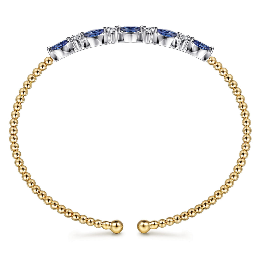 14K White Yellow Gold Bujukan Diamond and Marquise Blue Sapphire Split Bangle Bracelet