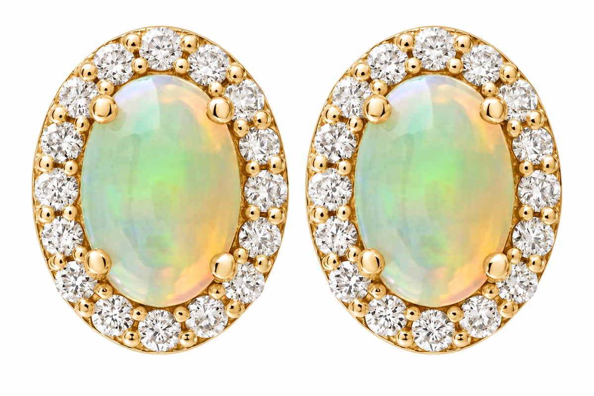 10K Yellow Gold 'Birthstone' Oval Halo Studs Earrings Diamond and Opal 0.67 Ctw