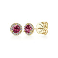 14K Yellow Gold Round Diamond Halo Pink Tourline Stud Earrings