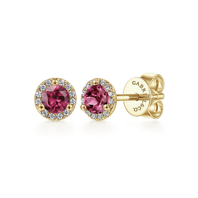 14K Yellow Gold Round Diamond Halo Pink Tourline Stud Earrings
