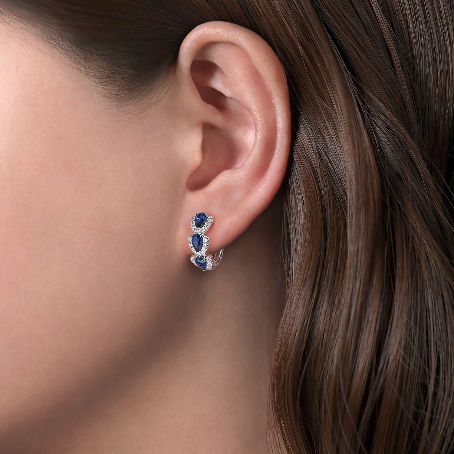14K White Gold 15mm Diamond and Sapphire Huggies