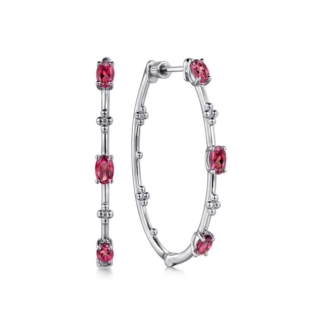 925 Sterling Silver Pink Tourmaline Bujukan Classic 40mm Hoop Earrings