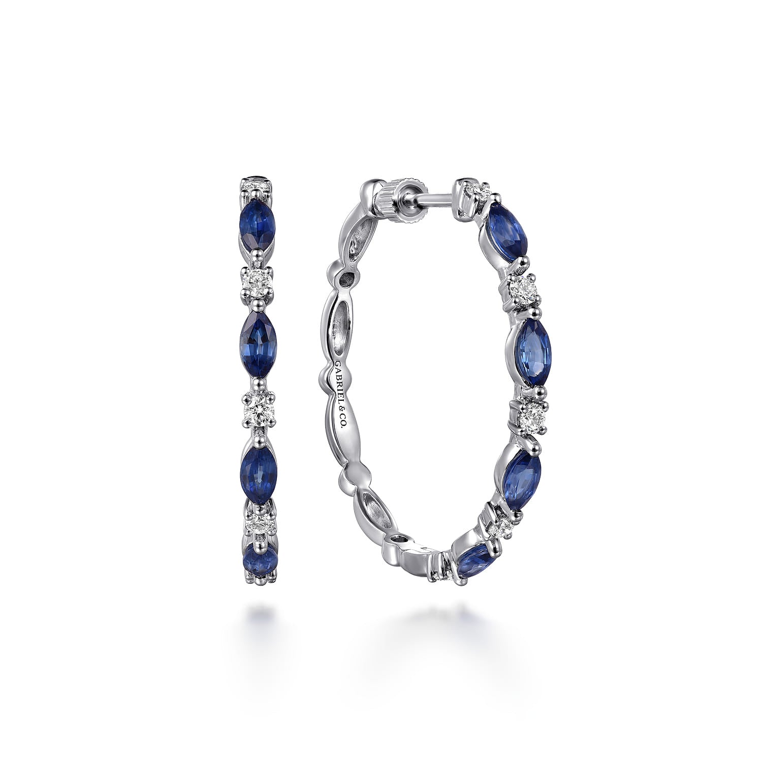 14K White Gold Diamonds and Marquise Blue Sapphire Classic Hoop Earrings