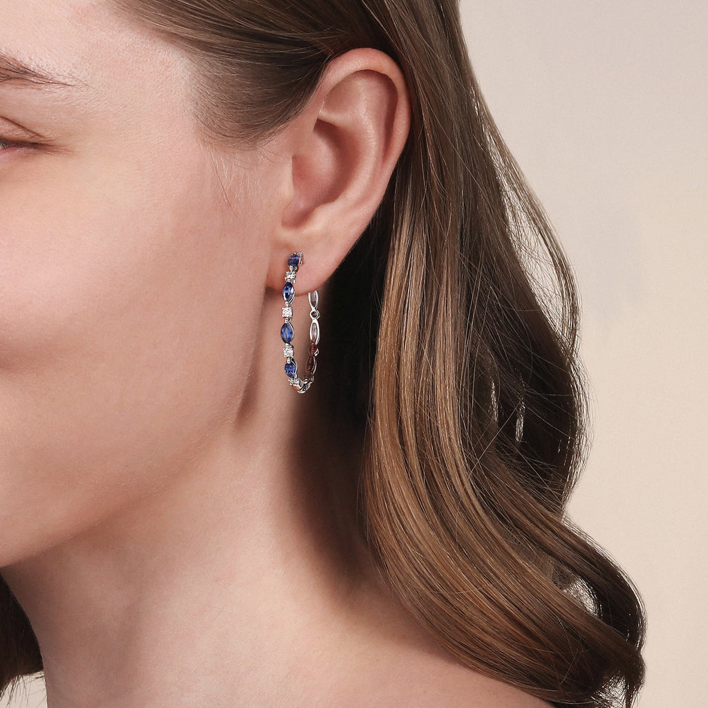 14K White Gold Diamonds and Marquise Blue Sapphire Classic Hoop Earrings