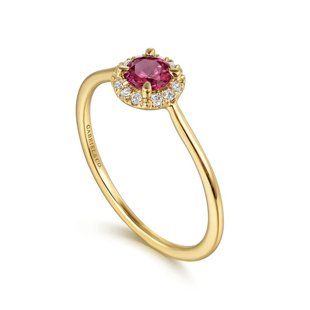 Promise Ring - 14k Yellow Gold Round Cut Diamond Halo Pink Tourmaline Promise Ring