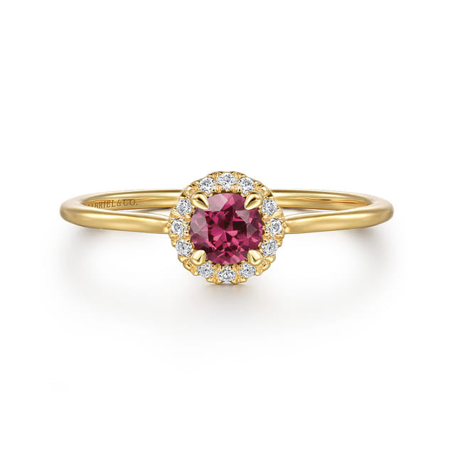 Promise Ring - 14k Yellow Gold Round Cut Diamond Halo Pink Tourmaline Promise Ring