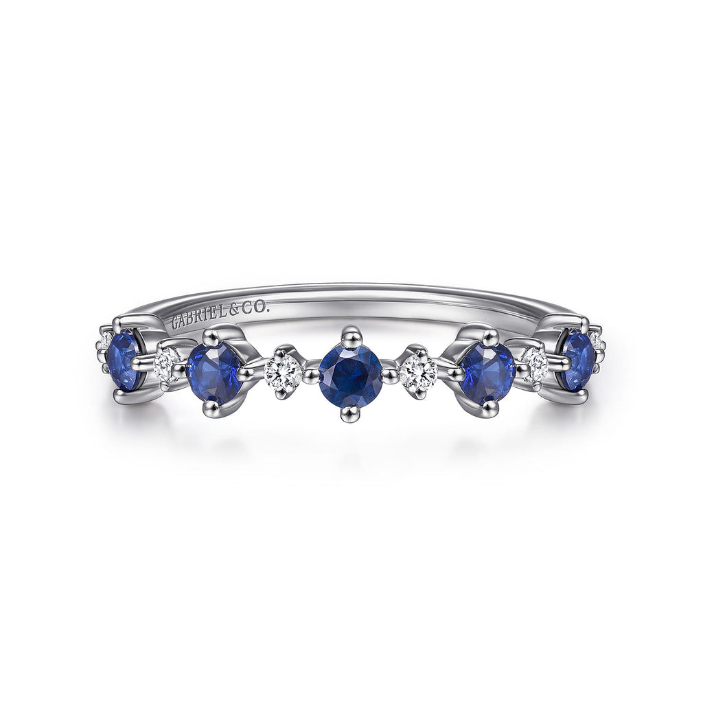 14K White Gold Alternating Round Diamond and Sapphire Ring