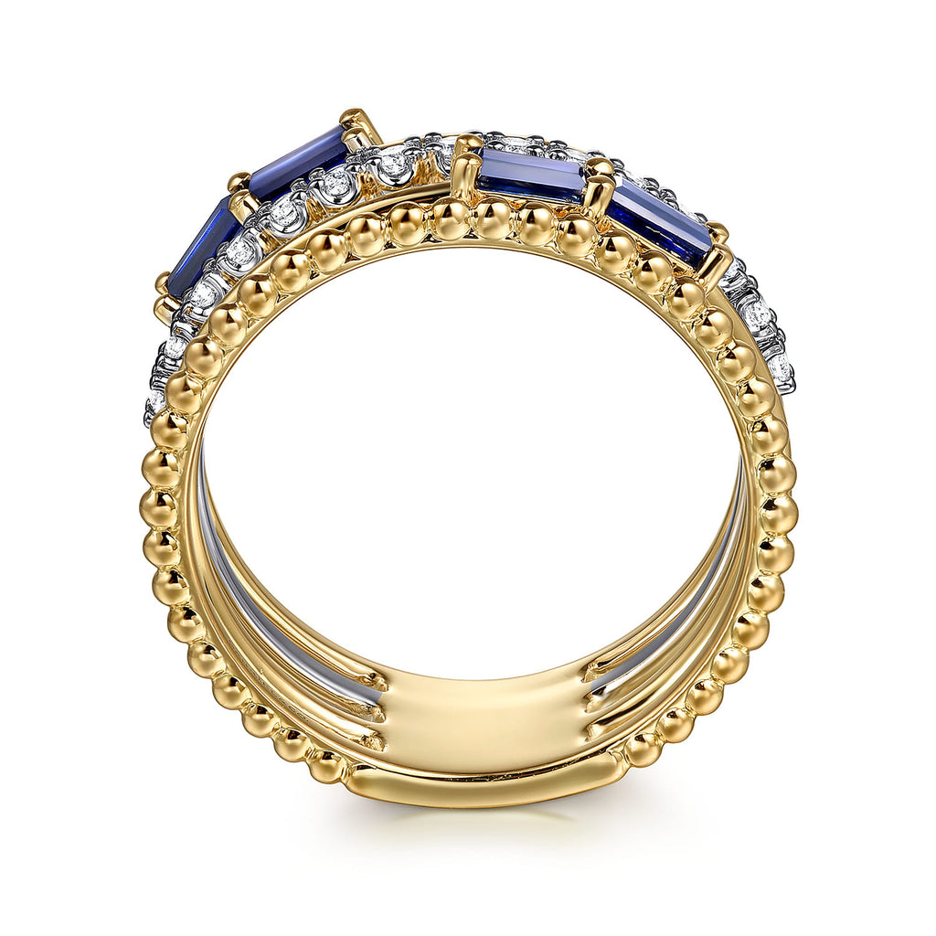 Wide Band Easy-Stack Ring 14K White and Yellow Gold Diamond and Blue Sapphire 0.2ct