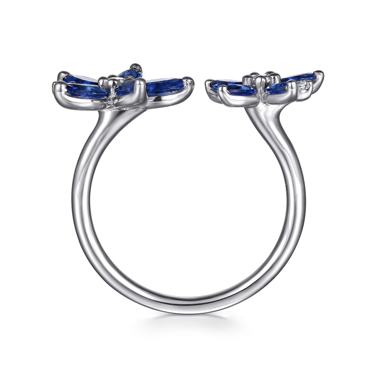 Floral - 14K White Gold Diamond and Marquise Sapphire Flower Open Ring