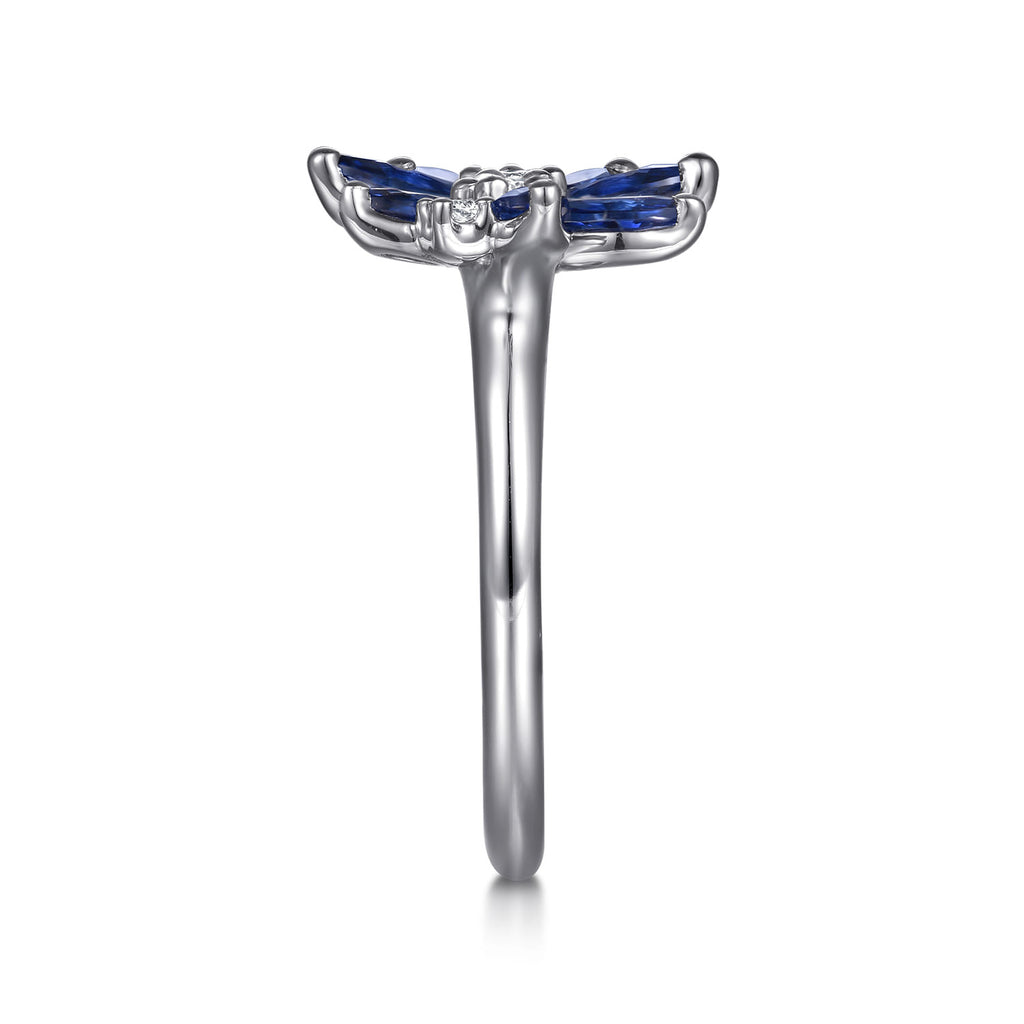Floral - 14K White Gold Diamond and Marquise Sapphire Flower Open Ring