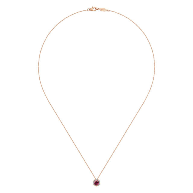 14k Rose Gold Round Cut Diamond Halo Pink Tourmaline Pendant Necklace
