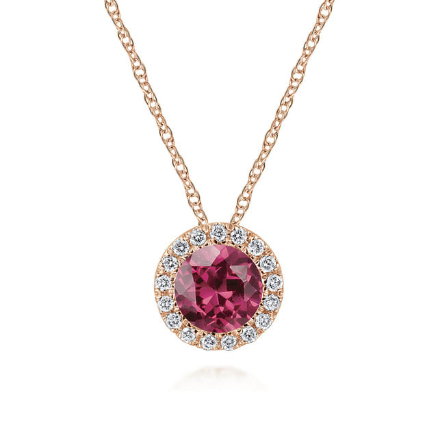14k Rose Gold Round Cut Diamond Halo Pink Tourmaline Pendant Necklace