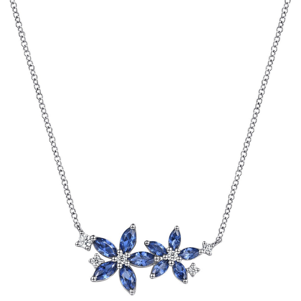 Floral - 14K White Gold Diamond and Marquise Sapphire Floral Pendant Necklace