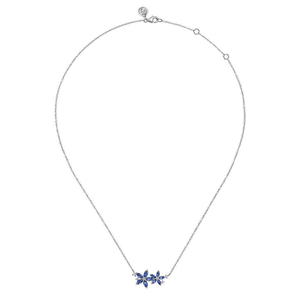 Floral - 14K White Gold Diamond and Marquise Sapphire Floral Pendant Necklace