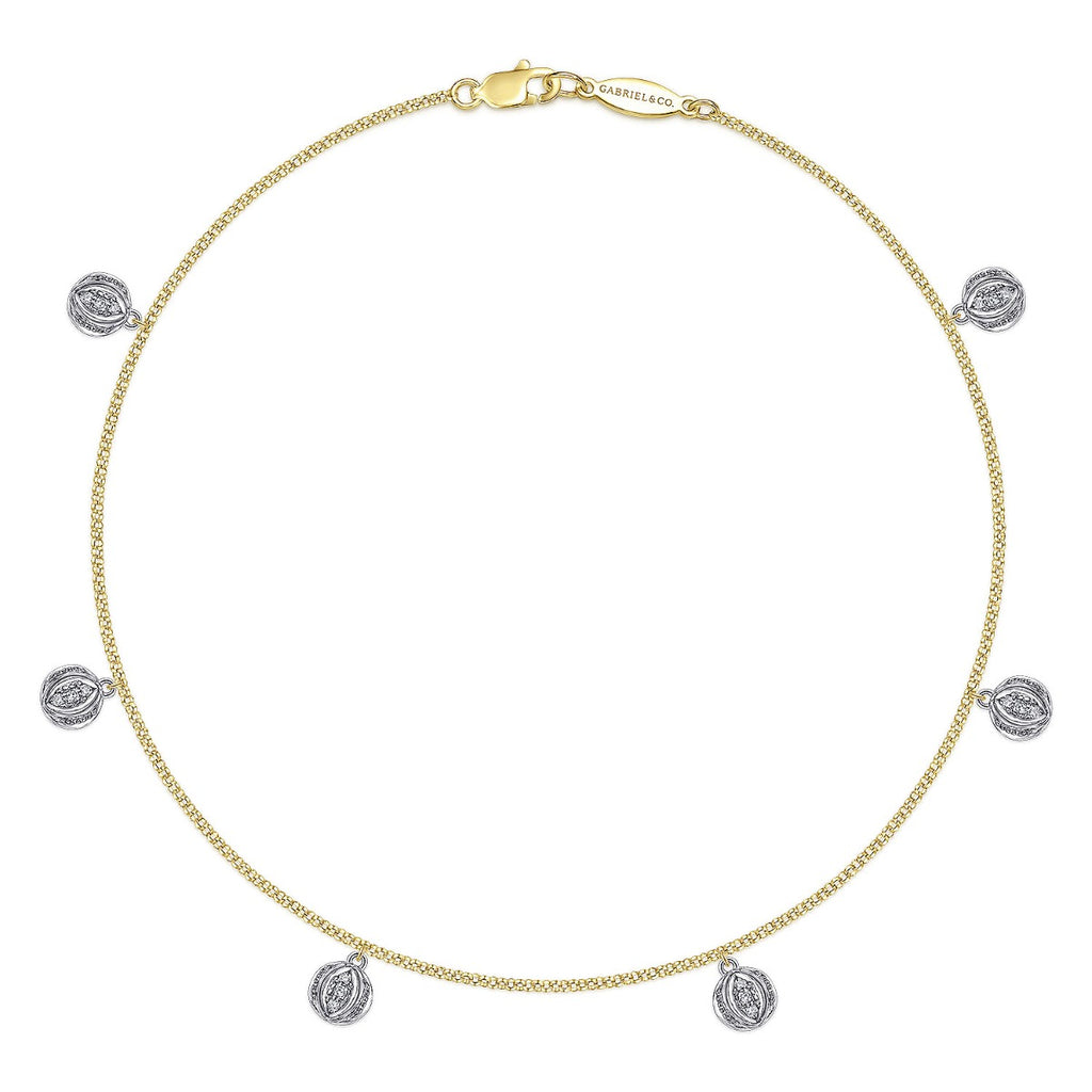 14K Yellow Gold Chain Ankle Bracelet with Round White Gold Diamond Drops