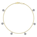 14K Yellow Gold Chain Ankle Bracelet with Round White Gold Diamond Drops