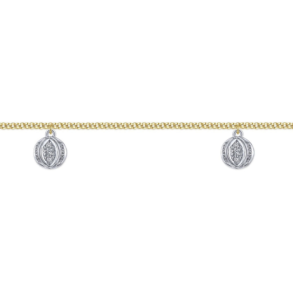 14K Yellow Gold Chain Ankle Bracelet with Round White Gold Diamond Drops