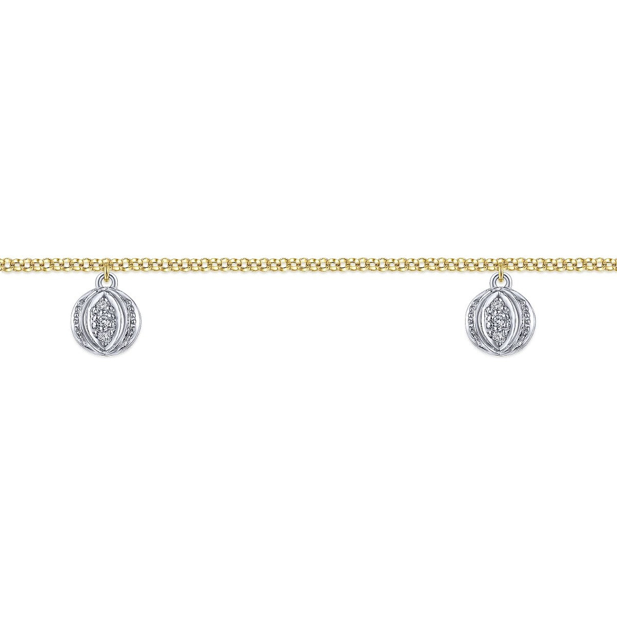 14K Yellow Gold Chain Ankle Bracelet with Round White Gold Diamond Drops