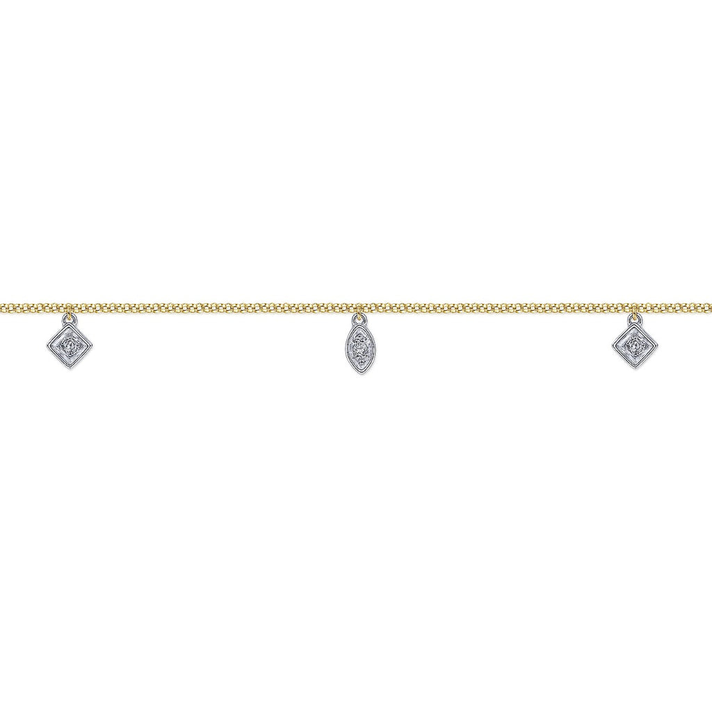 14K Yellow Gold Chain Ankle Bracelet with White Gold Diamond Leaf and Square Charms