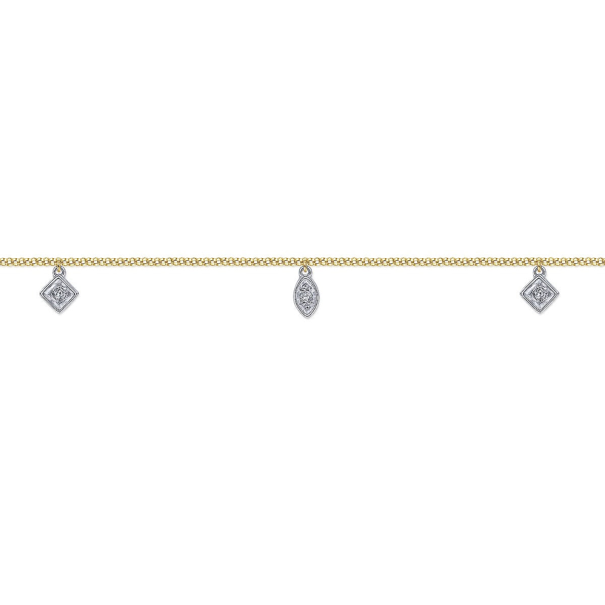 14K Yellow Gold Chain Ankle Bracelet with White Gold Diamond Leaf and Square Charms